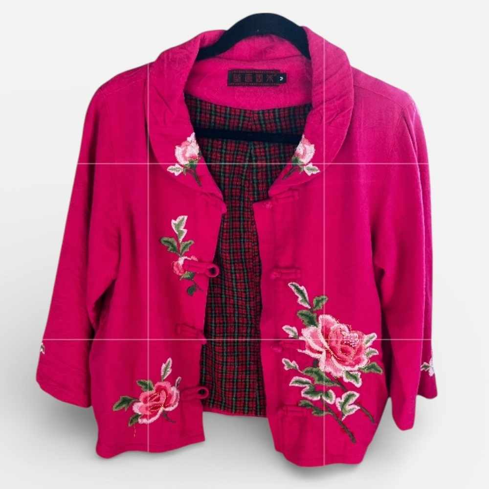 Vintage Chinese Jacket Pink Rose Embroidered Frog Closure Tartan Lined‎ M